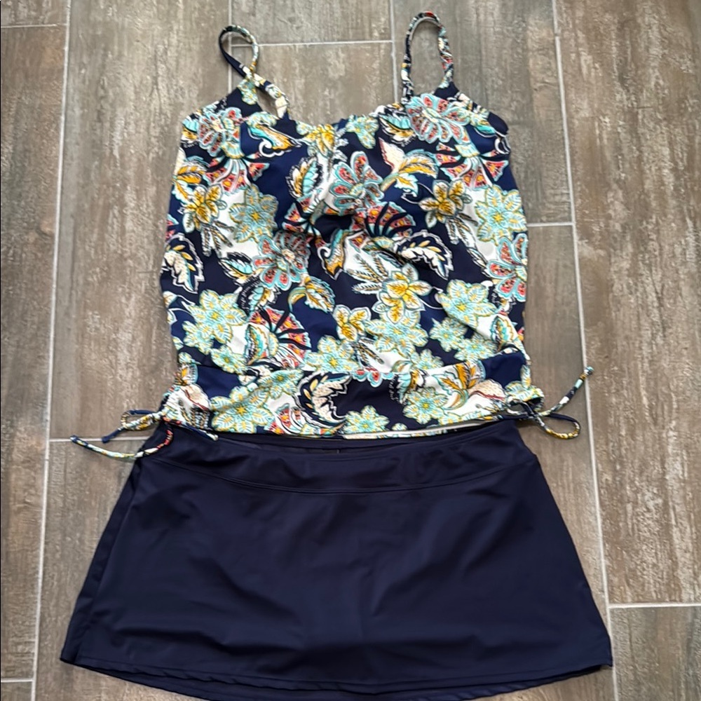 Jantzen Navy Floral Tankini with Navy Swim Skirt